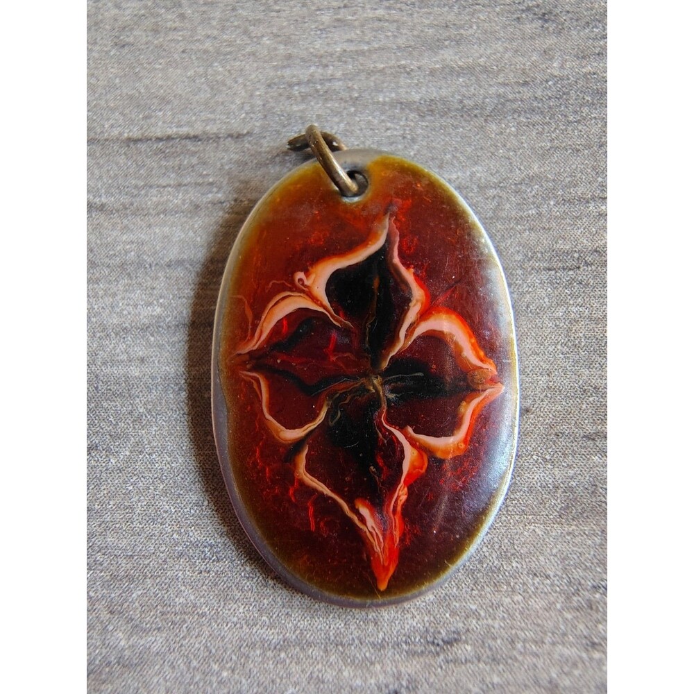 Vtg Sheffield England Floral Pendant Acrylic On Stainless Steel READ